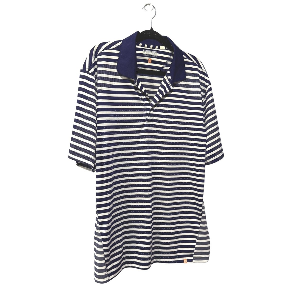 Ashworth Weather Systems Mens XL Navy Blue White Striped Performance Golf Polo
